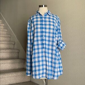 J. McLaughlin Sz M Blue And White Gingham Half Button Up Long Sleeve Shirt